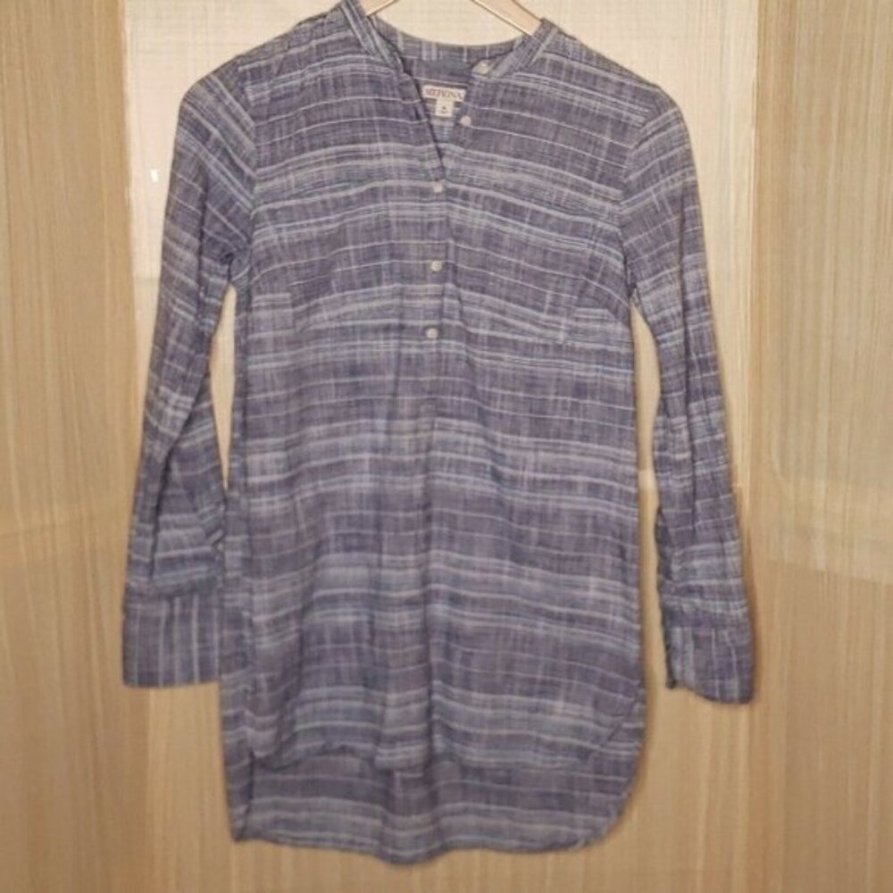 Merona Womens Blue Long Sleeve Cotton Striped Textured Print Tunic Medium